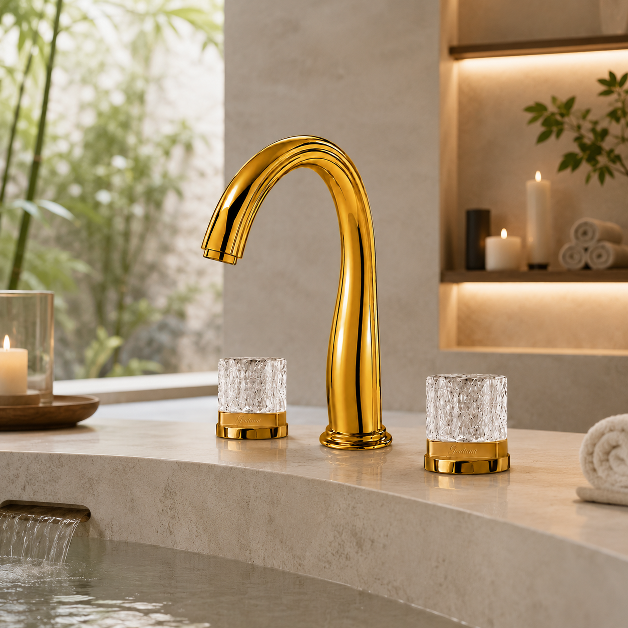 Fontana DualOrion gold faucet for spa inspired bathroom interiors with crystal handles